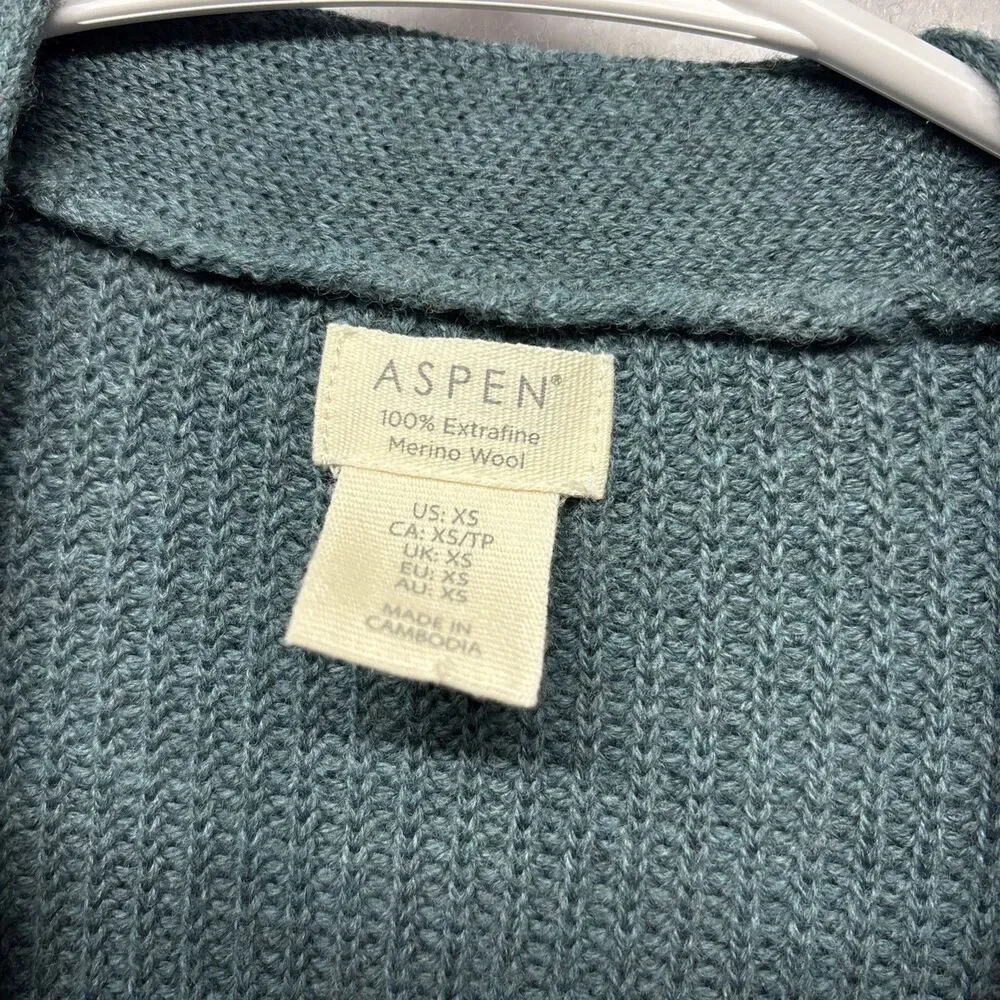 Aspen Cardigan Womens XS Green 100% Extrafine Merino Wool Sweater Ribbed